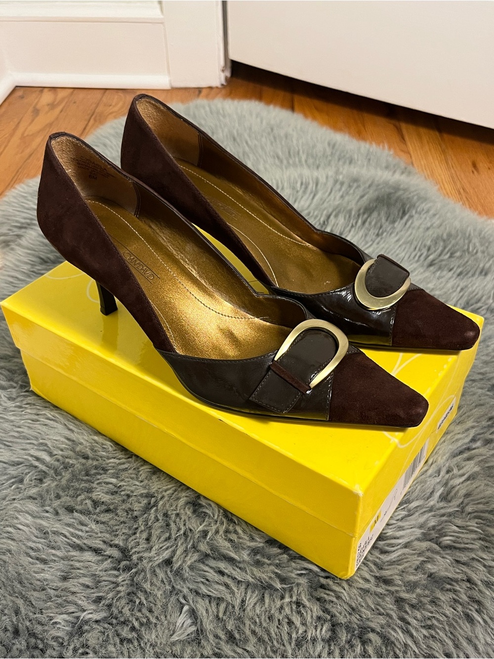 Joan & David Dark Brown Pointed Kitten Heel Pumps with Buckle